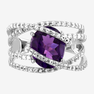 Womens Genuine Purple Amethyst Sterling Silver Cocktail Ring