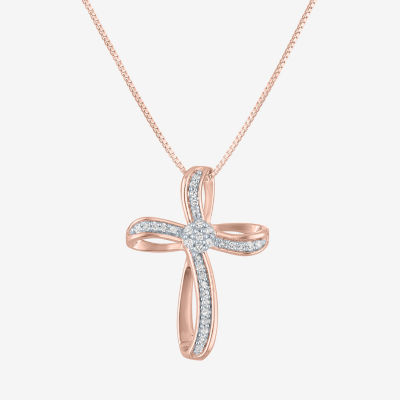 Diamond Blossom (G-H / Si2-I1) Womens 1/10 CT. T.W. Lab Grown White Diamond 14K Rose Gold Over Silver Cross Pendant Necklace