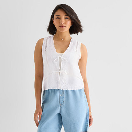 a.n.a Womens V Neck Sleeveless Embroidered Vest, Large, White