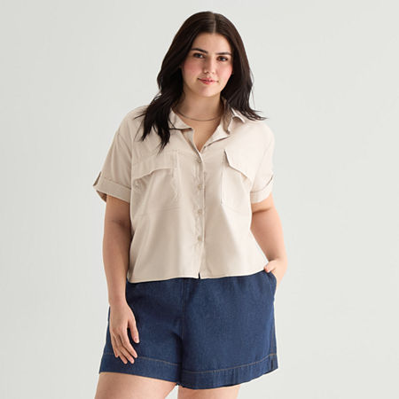 a.n.a Womens Plus Short Sleeve Blouse, 3x, Beige
