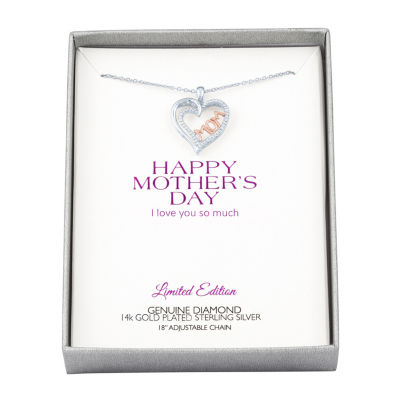 Womens "Mom" Diamond-Accent Heart Necklace in Sterling SIlver"