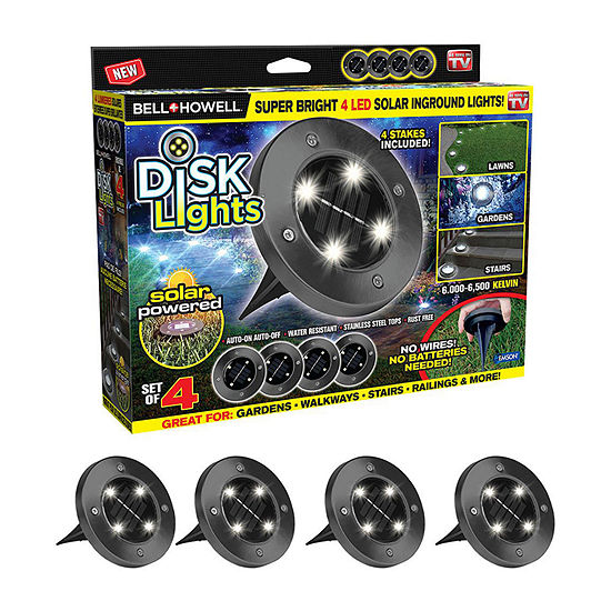 Bell + Howell Solar Powered Outdoor Disk Lights with Auto On/Off Lighting and Weatherproof Rust-Free - 4 Pack
