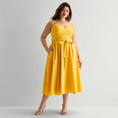 Premier Amour Womens Plus Midi V Neck Sleeveless Fit + Flare Dress