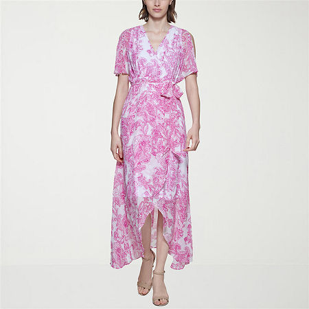 Jessica Howard Womens Petite V Neck Short Sleeve Flutter Maxi Dress