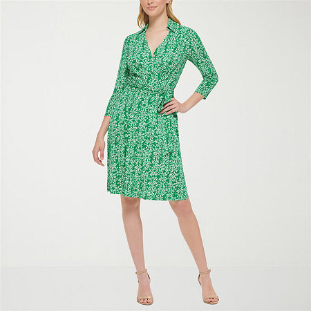 Jessica Howard Womens Petite 3/4 Sleeve Fitted Floral Fit + Flare Dress
