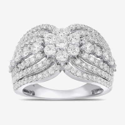 Diamond Blossom Womens 2 CT. T.W. Lab Grown White 10K or Yellow Gold Cluster Cocktail Ring