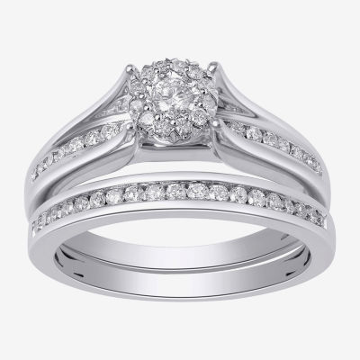 Womens 1/2 CT. T.W. Lab Grown White Diamond 10K White Gold Round Side Stone Halo Bridal Set