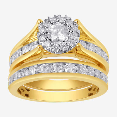 (G / I1) Womens 2 CT. T.W. Lab Grown White Diamond 14K Gold Round Side Stone Halo Bridal Set