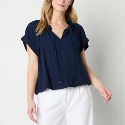 52seven Womens Split Tie Neck Short Sleeve Blouse