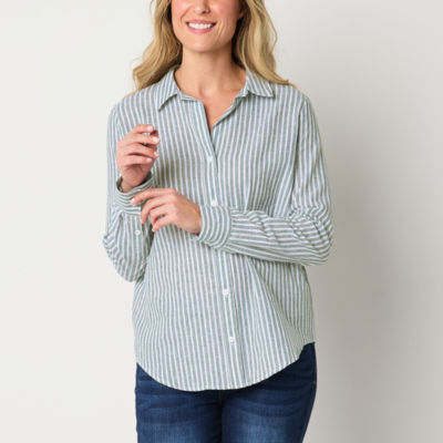 Liz Claiborne Tall Linen Womens Long Sleeve Loose Fit Button-Down Shirt
