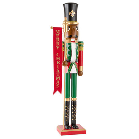 North Pole Trading Co . 36in Merry Christmas Banner African American Wood Christmas Nutcracker In Red