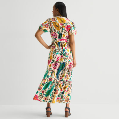 MSK Womens V Neck Short Sleeve Puffed Maxi Dress