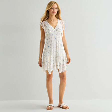 Arizona Womens Juniors V Neck Short Sleeve Babydoll Dress