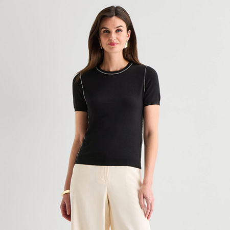 Worthington Womens Crew Neck Short Sleeve Pullover Sweater, Small, Black