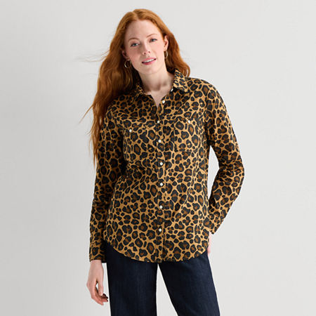 St. John's Bay Womens Cuffed Long Sleeve Regular Fit Button-Down Shirt, Small, Brown