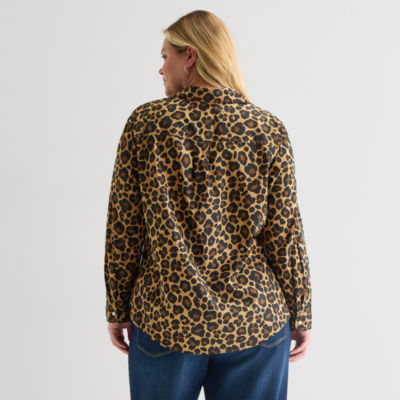 St. John's Bay Womens Plus Cuffed Long Sleeve Regular Fit Button-Down Shirt
