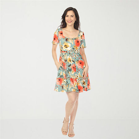 White Mark Square Neck Short Sleeve Floral Womens Square Neck Short Sleeve Flutter Floral Fit + Flare Dress