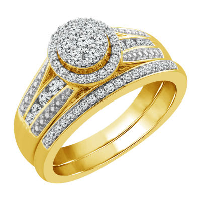 Womens 1/2 CT. T.W. Genuine White Diamond 10K Gold Round Side Stone Halo Bridal Set