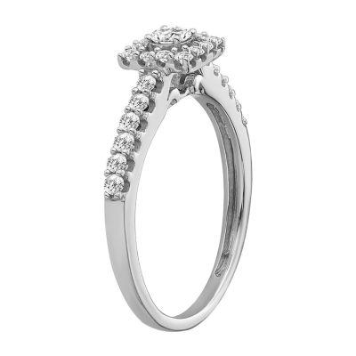 Womens 1/2 CT. Natural White Diamond 10K White Gold Cushion Halo Engagement Ring