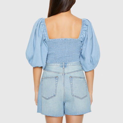 Forever 21 Chambray Ruched Womens Square Neck 3/4 Sleeve Crop Top Juniors