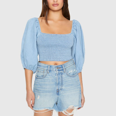 Forever 21 Chambray Ruched Womens Square Neck 3/4 Sleeve Crop Top Juniors