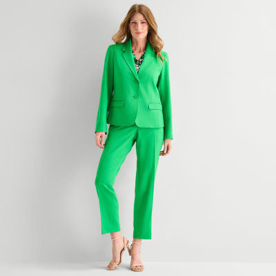 slim fit dress slacks Jade Green Crepe Tailored Collarless Suit – Belma Tvico