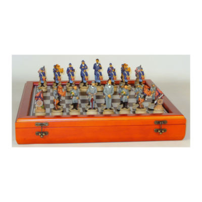 WorldWise Imports 3.25" Civil War Generals PaintedResin Men Chess Set with Cherry Stained Chest Board"