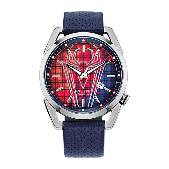 Citizen Avengers Marvel Spiderman Mens Blue Leather Strap Watch Aw1680-03w