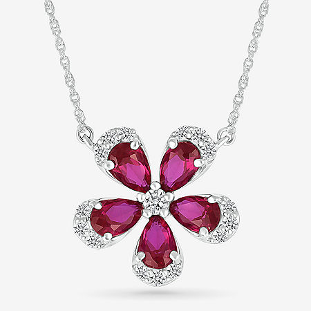 Womens Lab Created Red Ruby Sterling Silver Flower Pendant Necklace, One Size