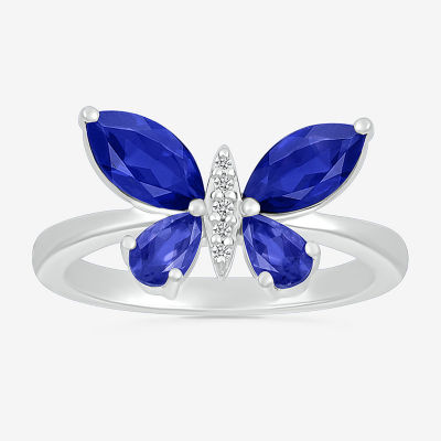 Womens Lab Created Blue Sapphire 10K Gold Butterfly Cocktail Ring