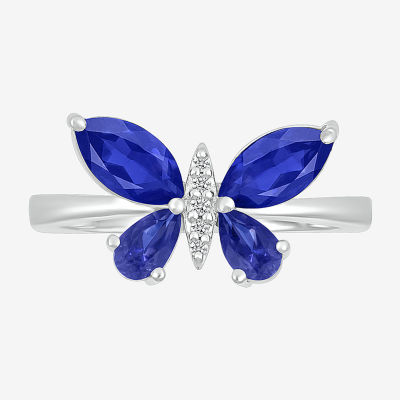 Womens Lab Created Blue Sapphire 10K Gold Butterfly Cocktail Ring