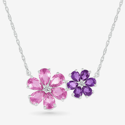 Womens Genuine Purple Amethyst Sterling Silver Flower Pendant Necklace