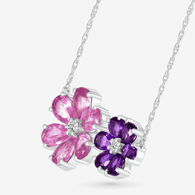 Womens Genuine Purple Amethyst Sterling Silver Flower Pendant Necklace