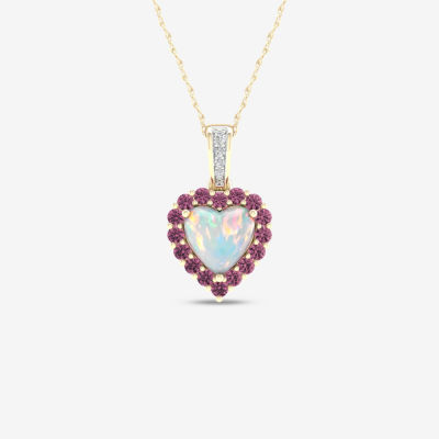 Womens Diamond Accent Genuine Opal 10K Gold Heart Pendant Necklace