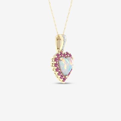 Womens Diamond Accent Genuine Opal 10K Gold Heart Pendant Necklace