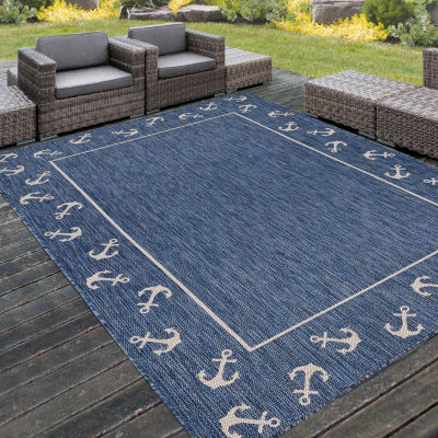 Samantha Nautical Anchor Border Indoor Outdoor Rectangular Area Rug