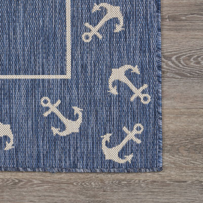 Samantha Nautical Anchor Border Indoor Outdoor Rectangular Area Rug