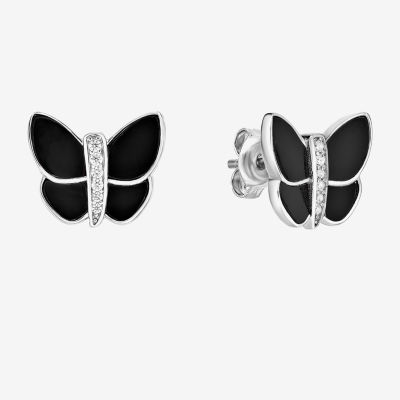 Genuine Black Onyx Sterling Silver 12mm Butterfly Stud Earrings