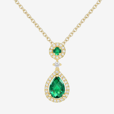 Womens Lab Created Green Emerald 14K Gold Over Silver Pear Pendant Necklace