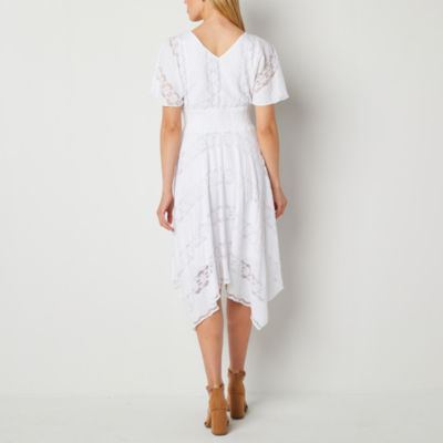 Rabbit Design Petite Short Sleeve Lace Inset Midi Fit + Flare Dress