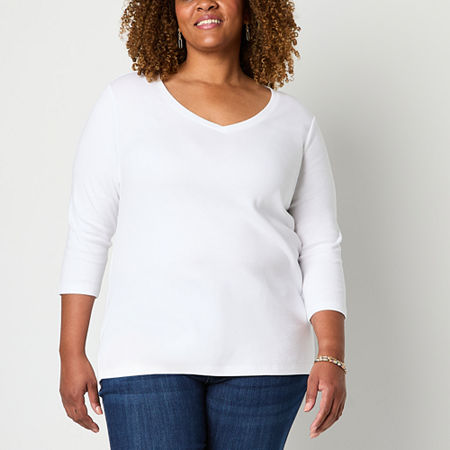 St. John's Bay Womens V Neck 3/4 Sleeve Plus T-Shirt, 0x, White