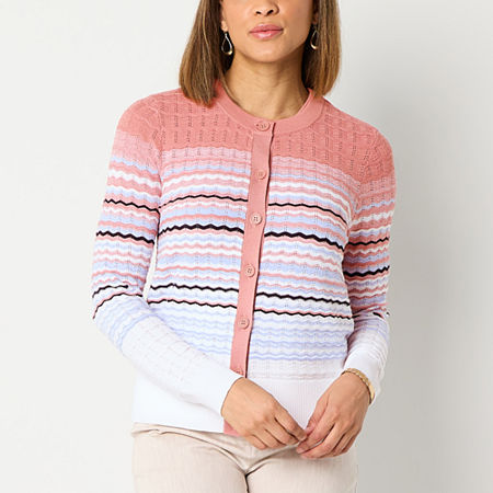Liz Claiborne Womens Crew Neck Long Sleeve Button Striped Cardigan, Petite X-large, Beige