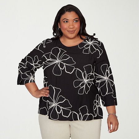 Alfred Dunner Detail Driven Womens Plus Crew Neck 3/4 Sleeve Blouse