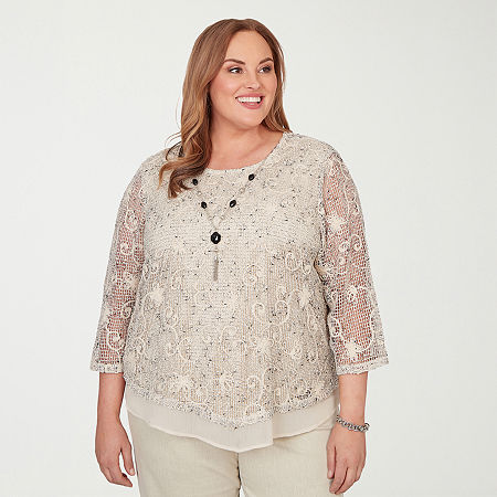 Alfred Dunner Detail Driven Womens Plus Crew Neck 3/4 Sleeve Layered Top