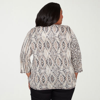 Alfred Dunner Detail Driven Womens Plus Crew Neck 3/4 Sleeve T-Shirt