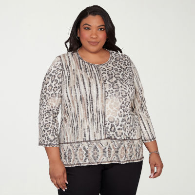 Alfred Dunner Detail Driven Womens Plus Crew Neck 3/4 Sleeve T-Shirt