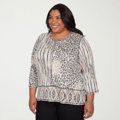 Alfred Dunner Detail Driven Womens Plus Crew Neck 3/4 Sleeve T-Shirt