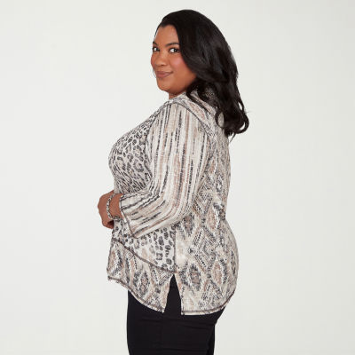 Alfred Dunner Detail Driven Womens Plus Crew Neck 3/4 Sleeve T-Shirt