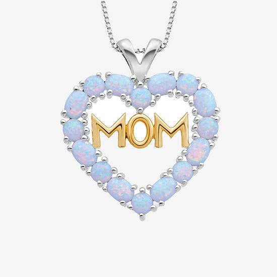 "Mom" Womens Lab Created White Opal 14K Gold Over Silver Sterling Silver Heart Pendant Necklace
