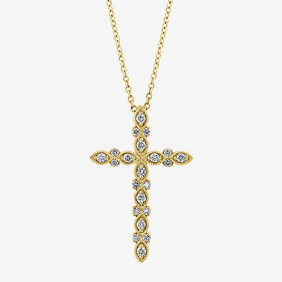 Womens 1/4 CT. T.W. Genuine White Diamond 14K Gold Cross Pendant
